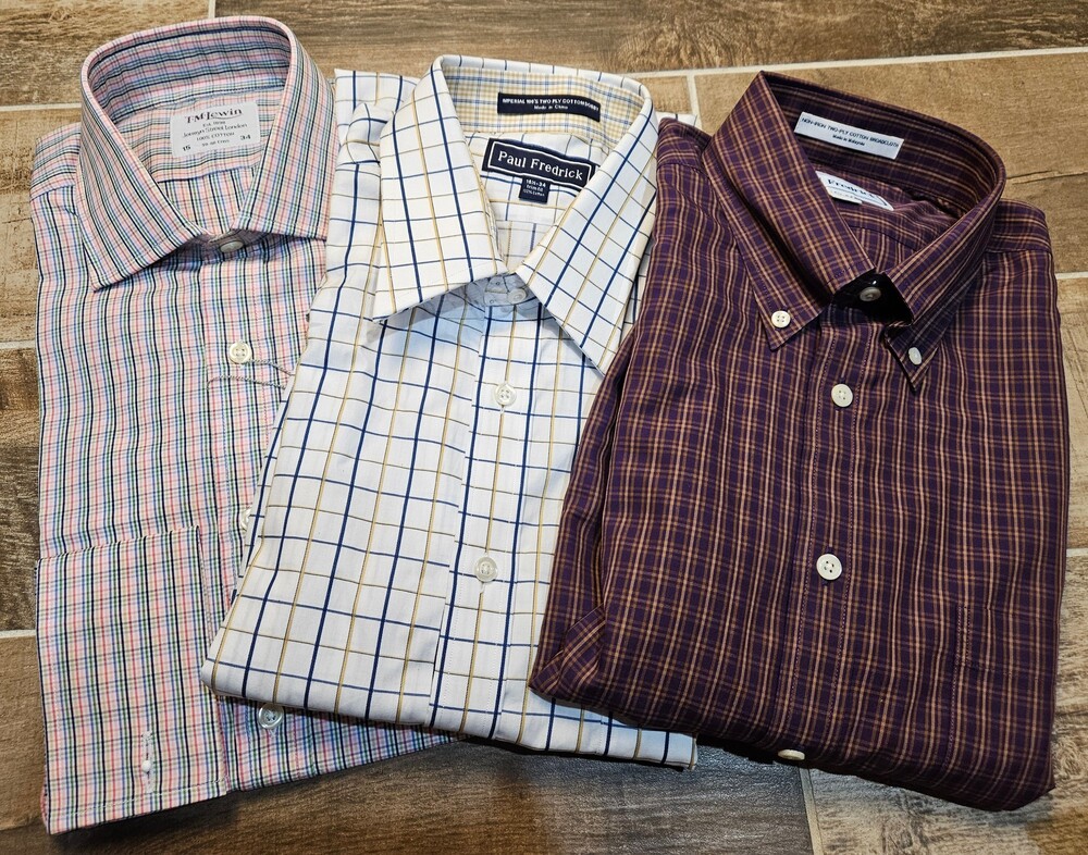 Lot of 3 Men's Dress Shirts Size Medium 15 34 T.M. Lewin Paul Fredrick Plaid